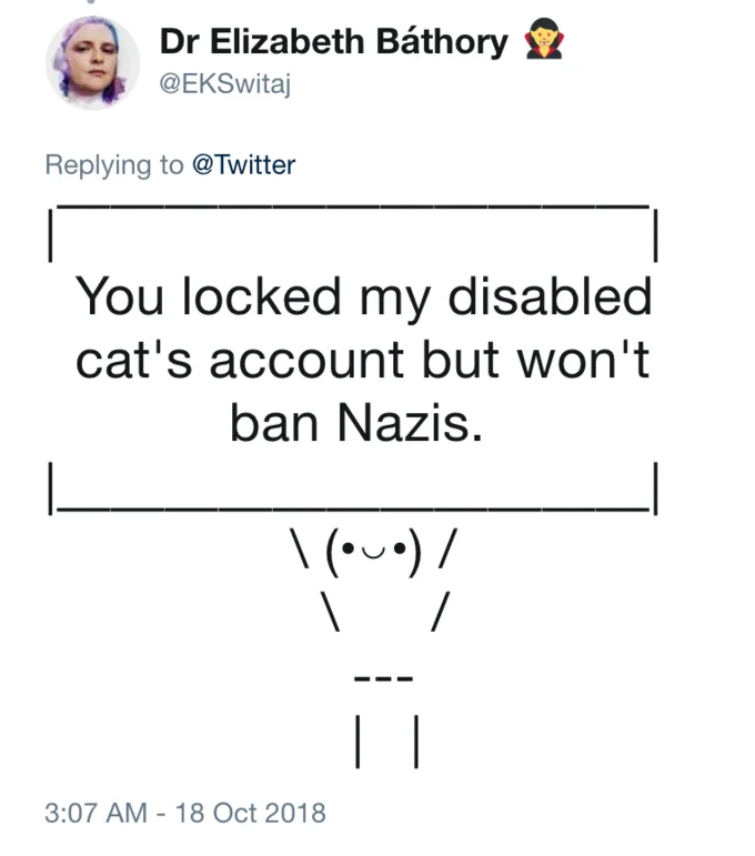 Be Sweet When You Tweet — Parody reply tweet with ASCII figure criticizing Twitter's moderation inconsistency