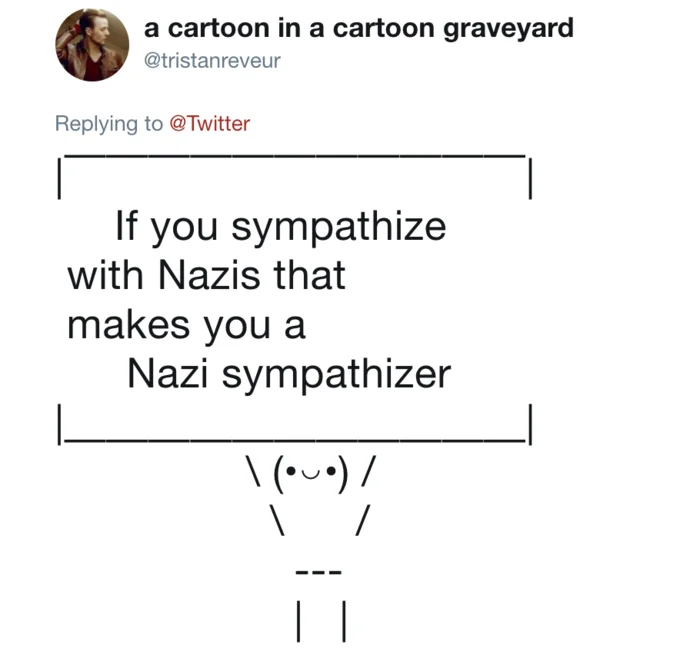 Be Sweet When You Tweet — Parody ASCII art reply reading 'If you sympathize with Nazis that makes you a Nazi sympathizer'