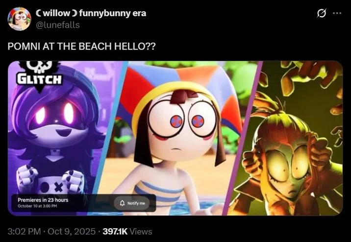 Beach Pomni Bikini Pomni — A tweet reading, "POMNI AT THE BEACH HELLO??" The tweet shares a screenshot of the Glitch Direct 2025 thumbnail.