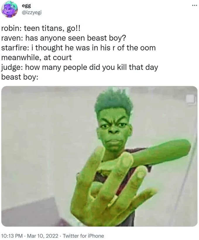 Teen Titans courtroom skit tweet ending with Beast Boy's four-finger image