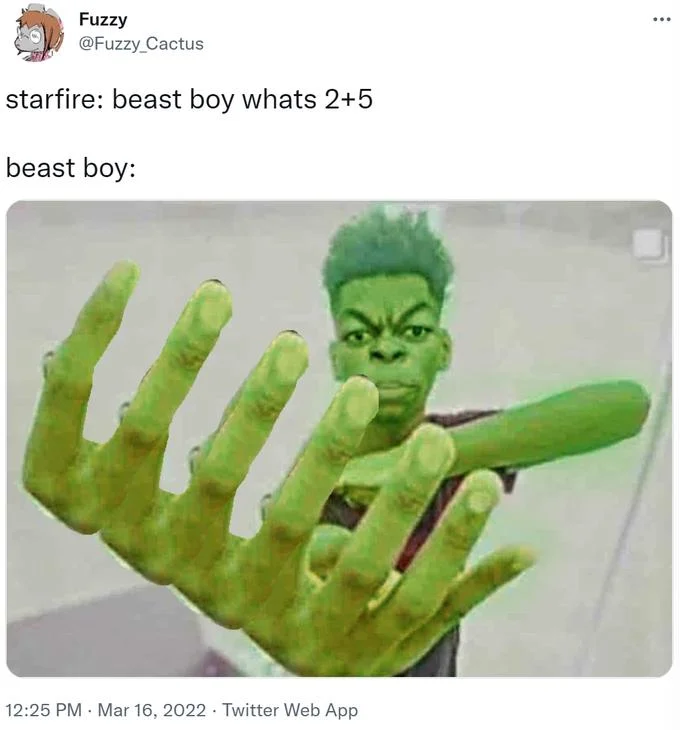 Tweet asking Beast Boy what two plus five is, image shows seven fingers