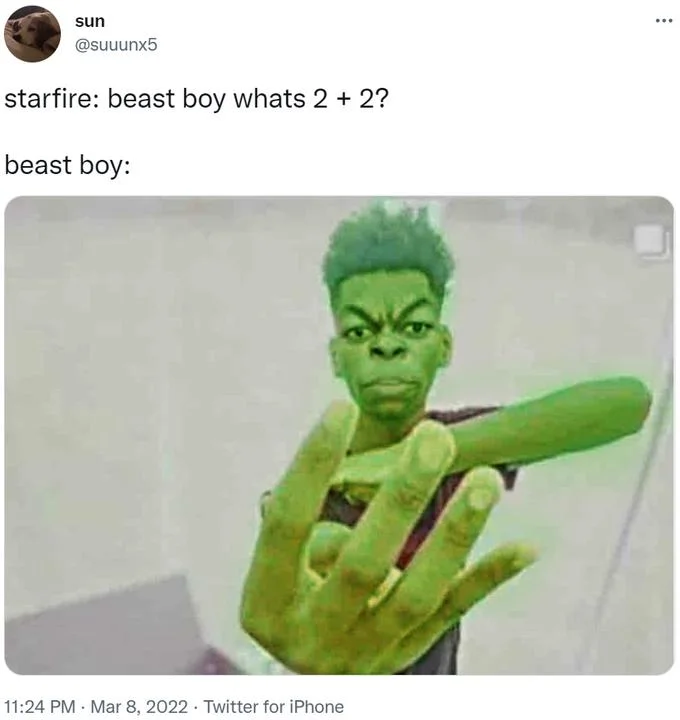 Tweet with Starfire asking Beast Boy what two plus two is, image shows four fingers