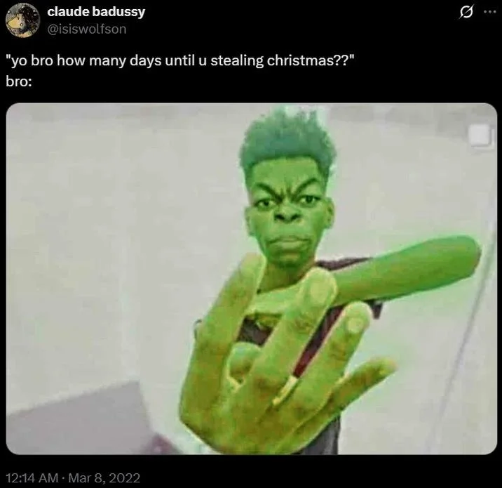 Tweet about stealing Christmas with the Beast Boy four fingers edit