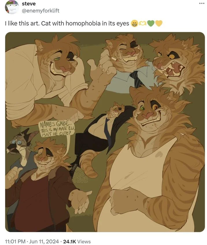 Beautiful Cat With Homophobia — Tweet with furry character art featuring a tiger with heterochromatic eyes, captioned about cat with homophobia.
