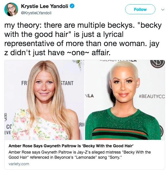 Tweet theorizing multiple beckys with Variety article about Gwyneth Paltrow and Amber Rose