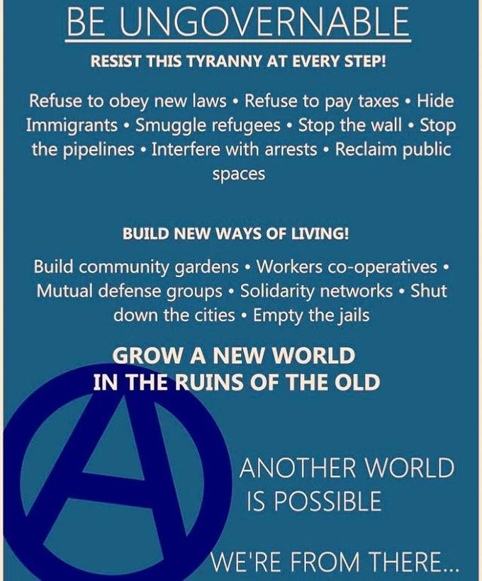 Become Ungovernable — Blue anarchist 'Be Ungovernable' poster listing resistance actions