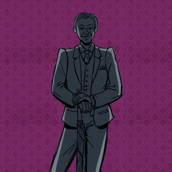 Bedroom Eyes — Cartoon man in gray suit with cane giving a smirking half-lidded look on purple background