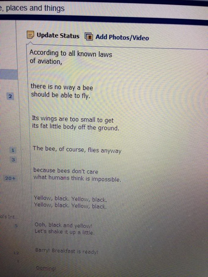 Bee Movie Script According To All Known Laws Of Aviation — Social media post with opening 'According to all known laws of aviation' lines.