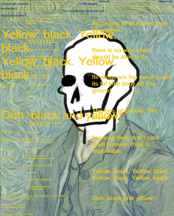 Bee Movie Script According To All Known Laws Of Aviation — Artistic remix with skull illustration and bee coloring with script text.