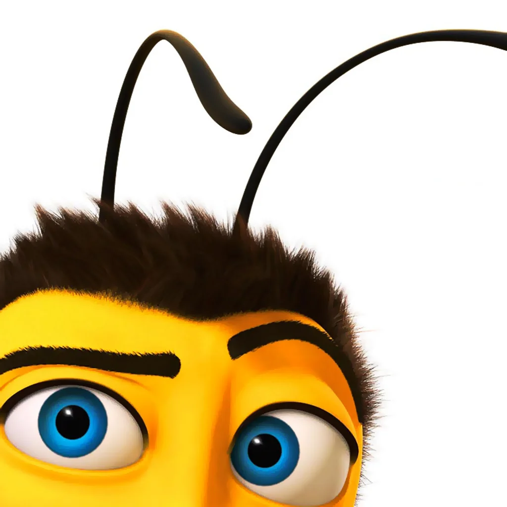 Close-up of Barry B. Benson from Bee Movie with blue eyes and antennae