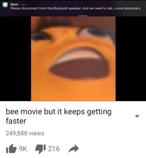 Screenshot of 'bee movie but it keeps getting faster' YouTube video with a mom text overlay