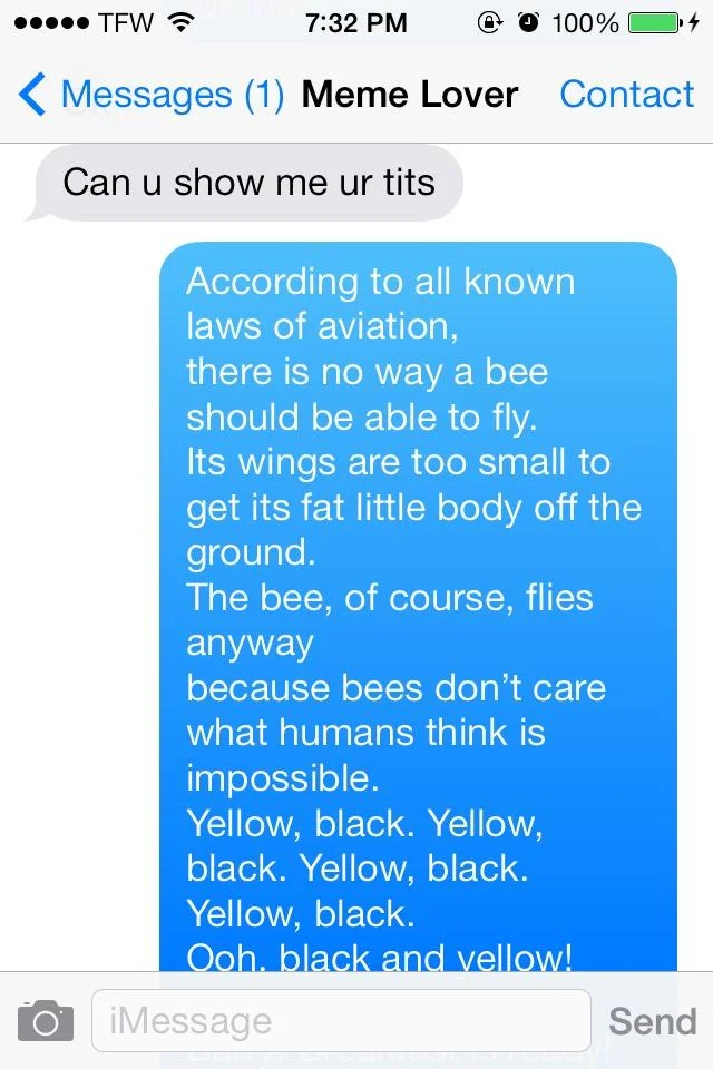 Fake iMessage screenshot showing the Bee Movie opening script sent as a reply