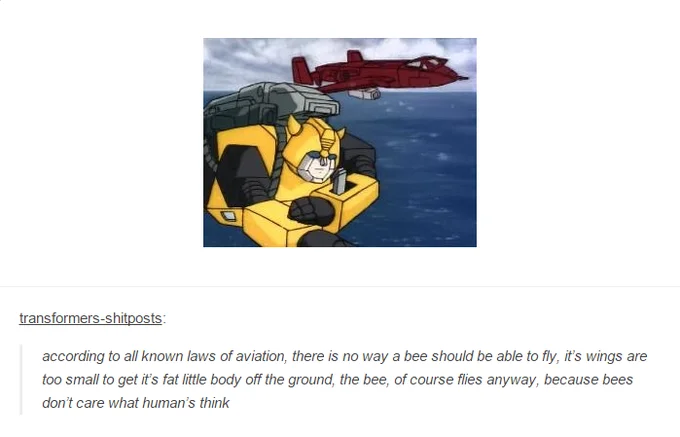 Tumblr post applying the Bee Movie aviation quote to Bumblebee from Transformers