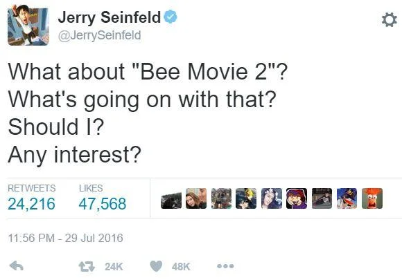 Jerry Seinfeld tweet asking about a Bee Movie 2 sequel