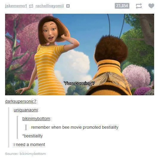 Tumblr post joking about bee-human romance in Bee Movie