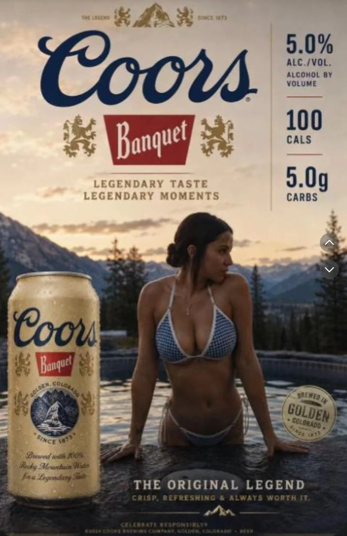 Beer Poster Trend — Coors Banquet mock ad with woman in bikini in a mountain pool