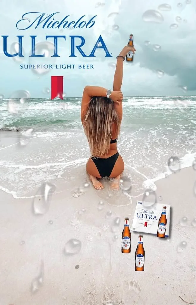 Beer Poster Trend — Michelob Ultra poster with a woman on the beach holding up a beer bottle