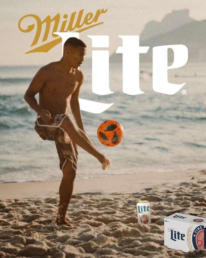 Beer Poster Trend — Miller Lite poster with shirtless man kicking a soccer ball on a beach