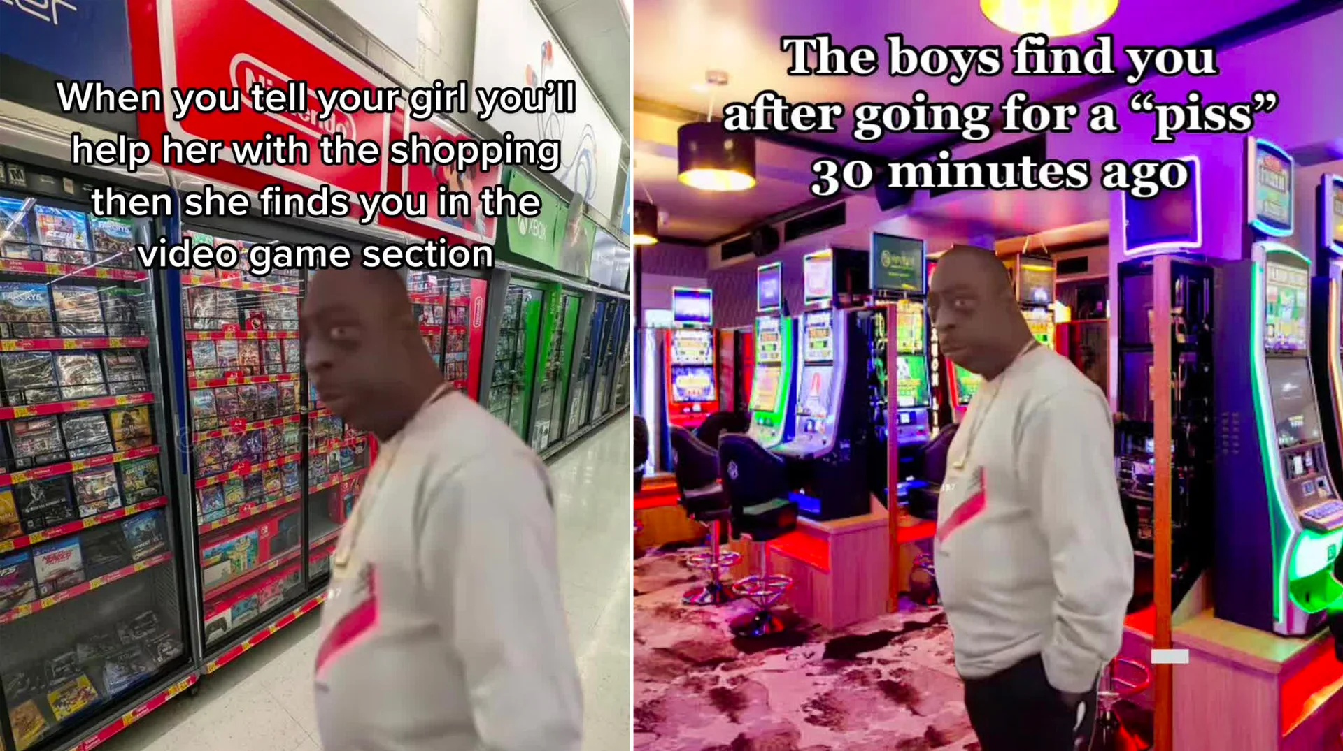 Beetlejuice What Are You Doing Just Hanging Around — Split-panel meme of Beetlejuice from Howard Stern Show being caught in video game aisle and at casino slot