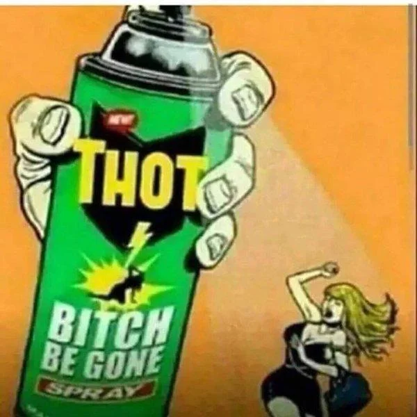 Begone Thot — Cartoon can of THOT Bitch Be Gone bug-spray parody spraying a woman away