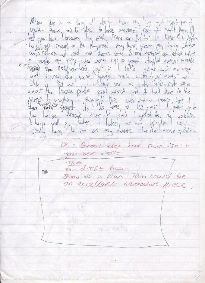 Bel Air Fresh Prince — Handwritten essay retelling the Fresh Prince theme with red teacher feedback in the margins