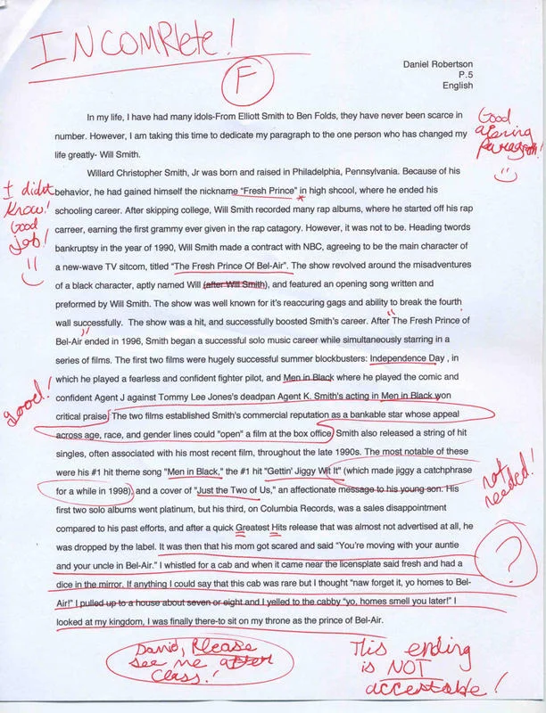 Bel Air Fresh Prince — Graded student essay about Will Smith ending in Fresh Prince theme song lyrics with red pen corrections
