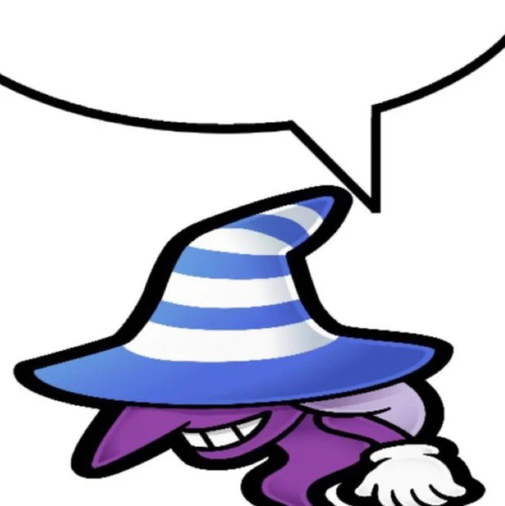 Beldam Posting — Illustration of Beldam with purple witch design and blue-white striped hat.