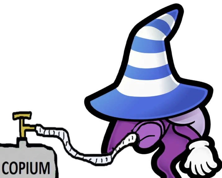 Beldam Posting — Beldam character with added COPIUM syringe element meme template.