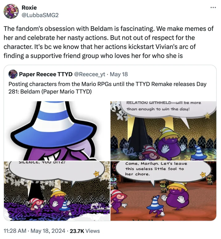 Beldam Posting — Twitter post with Paper Mario TTYD gameplay screenshots and dialogue discussion.