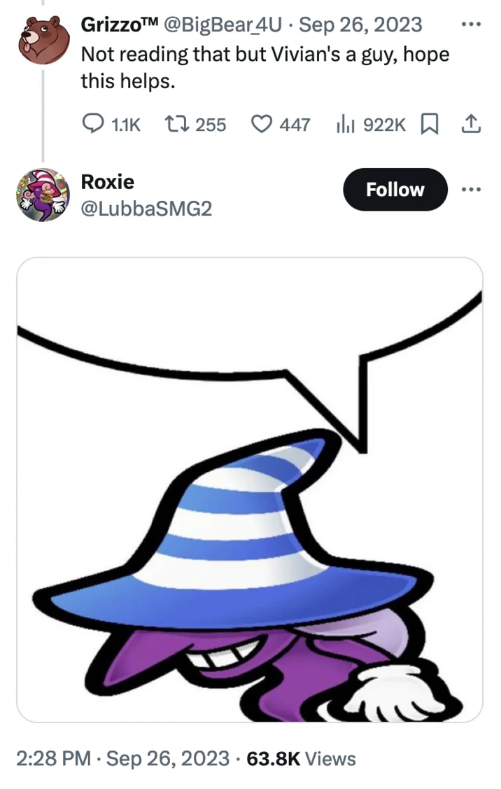 Beldam Posting — Twitter post exchange with Beldam artwork discussing character identity interpretation.