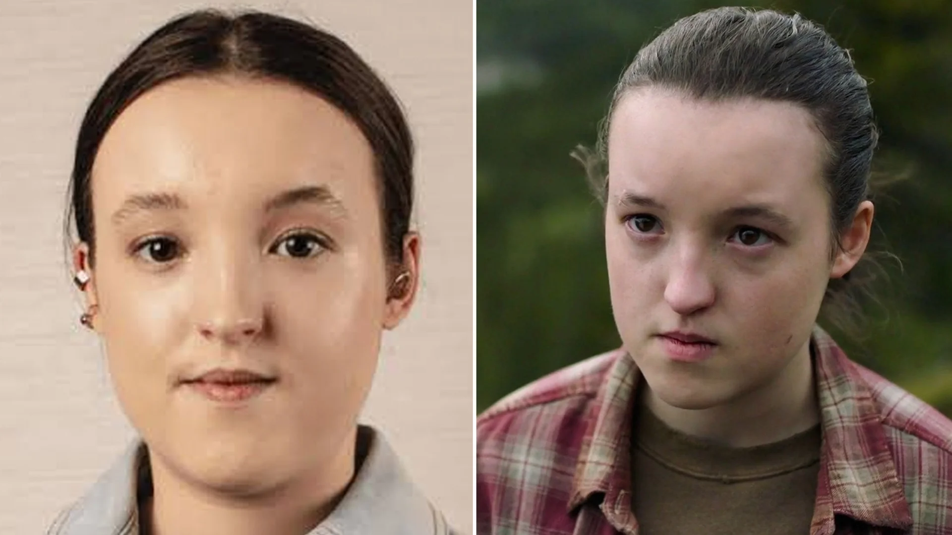 Bella Ramseys Face — Side-by-side comparison of Bella Ramsey portrait and Ellie character still from The Last of Us