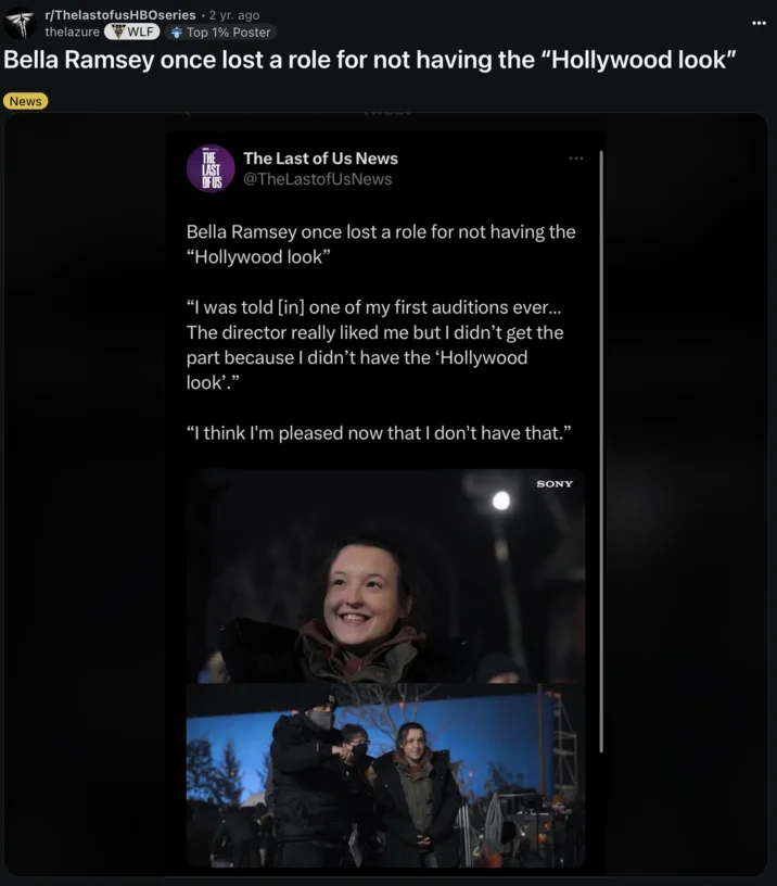 Bella Ramseys Face — Reddit post about Bella Ramsey losing a role due to lacking Hollywood look