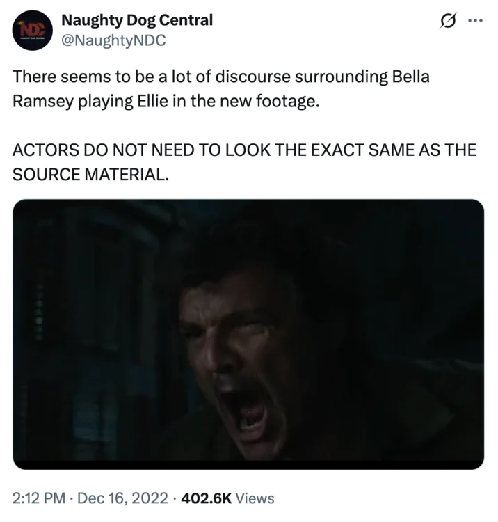 Bella Ramseys Face — Tweet from Naughty Dog Central defending Bella Ramsey's casting