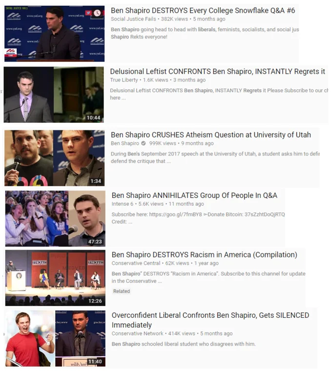 Ben Shapiro Destroys Liberals — YouTube search results filled with Ben Shapiro 'destroys liberals' style videos