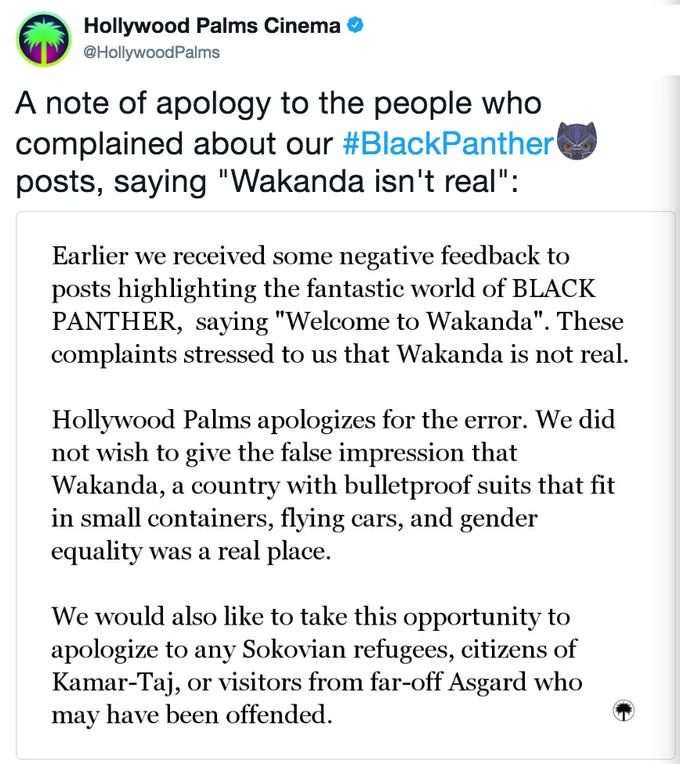 Ben Shapiro — Hollywood Palms Cinema satirical apology tweet about Wakanda not being real