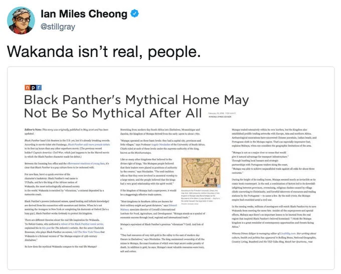 Ben Shapiro — Ian Miles Cheong tweet insisting Wakanda isn't real with NPR article