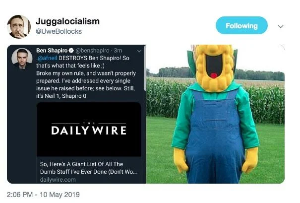 Tweet quoting Ben Shapiro apology alongside corn cob mascot costume photo