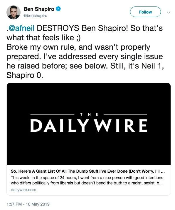Ben Shapiro tweet admitting Andrew Neil destroyed him with Daily Wire article link