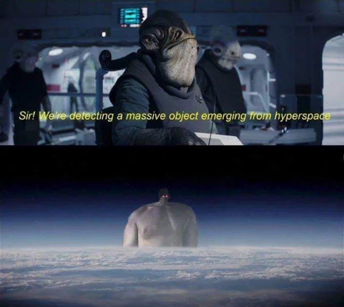 Ben Swolo — Two-panel Star Wars meme with alien officer detecting a massive object, revealing shirtless Kylo Ren looming over a planet