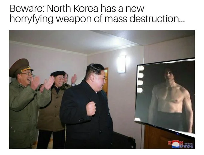 Ben Swolo — Meme of Kim Jong-un and officials clapping in front of a TV displaying shirtless Kylo Ren, captioned about a new weapon of mass destruction