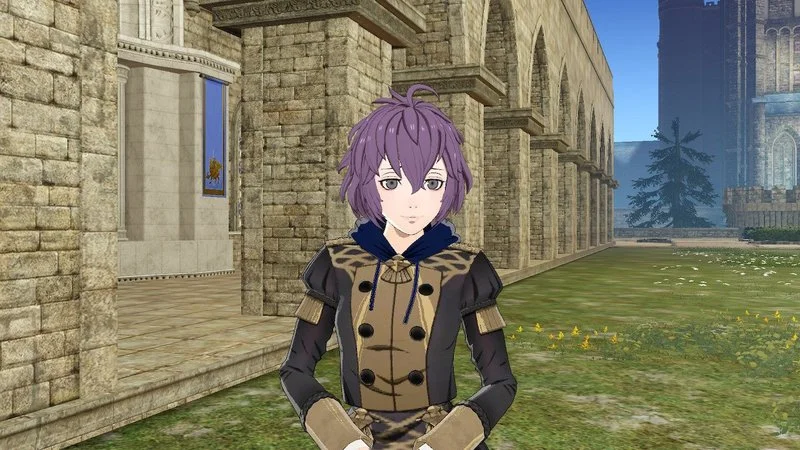 In-game screenshot of Bernadetta in Black Eagles uniform at academy castle.