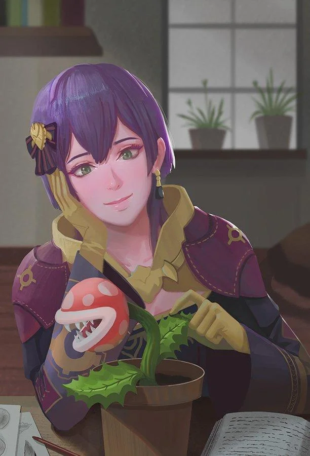 Bernadetta in casual brown and maroon outfit holding potted plant with warm expression.