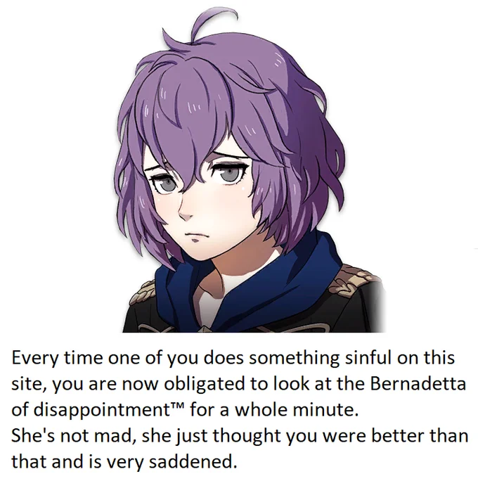 Grayscale Bernadetta with sad disappointed expression and 'Bernadetta of disappointment' meme text.