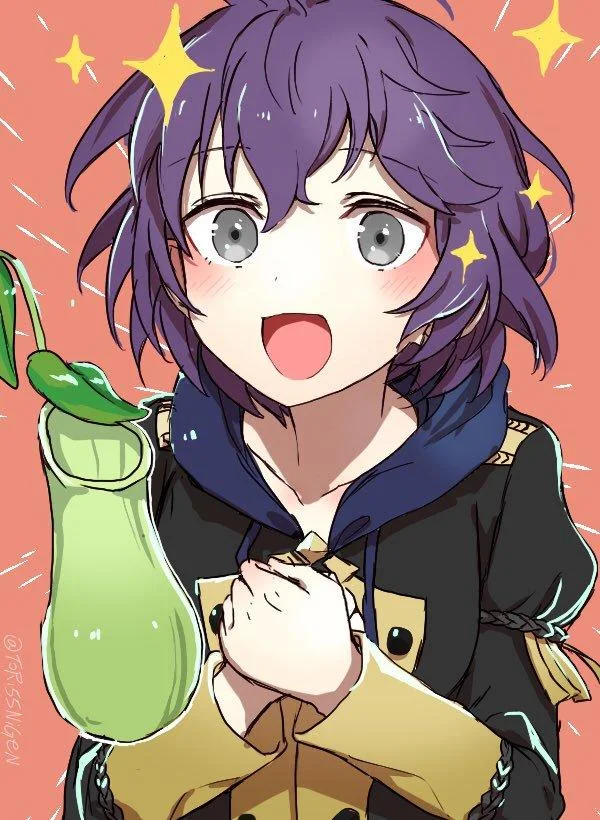 Bright cheerful Bernadetta with excited expression holding green vegetable with sparkles.