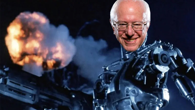 Bernie Bot — Bernie Sanders' face edited onto a Terminator robot body with an explosion in the background