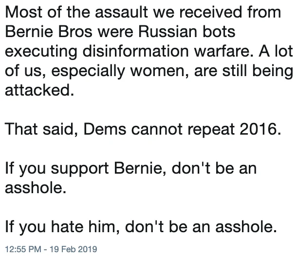 Bernie Bot — Tweet from Feb 2019 claiming Bernie Bros harassment was Russian bot disinformation and urging civility