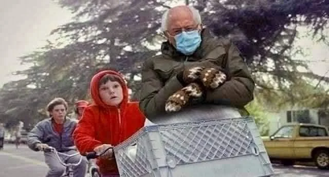 Bernie Sanders Mittens — Bernie photoshopped into E.T. movie bicycle scene wearing parka and mittens.
