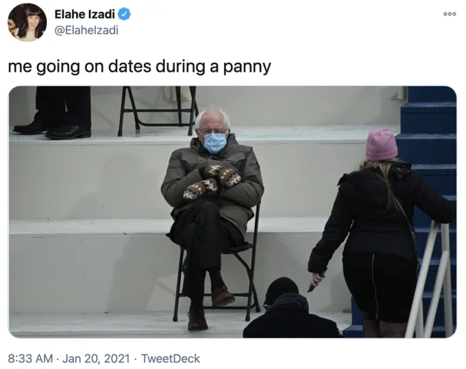 Bernie Sanders Mittens — Tweet using pandemic slang captioning Bernie's isolated seated pose.