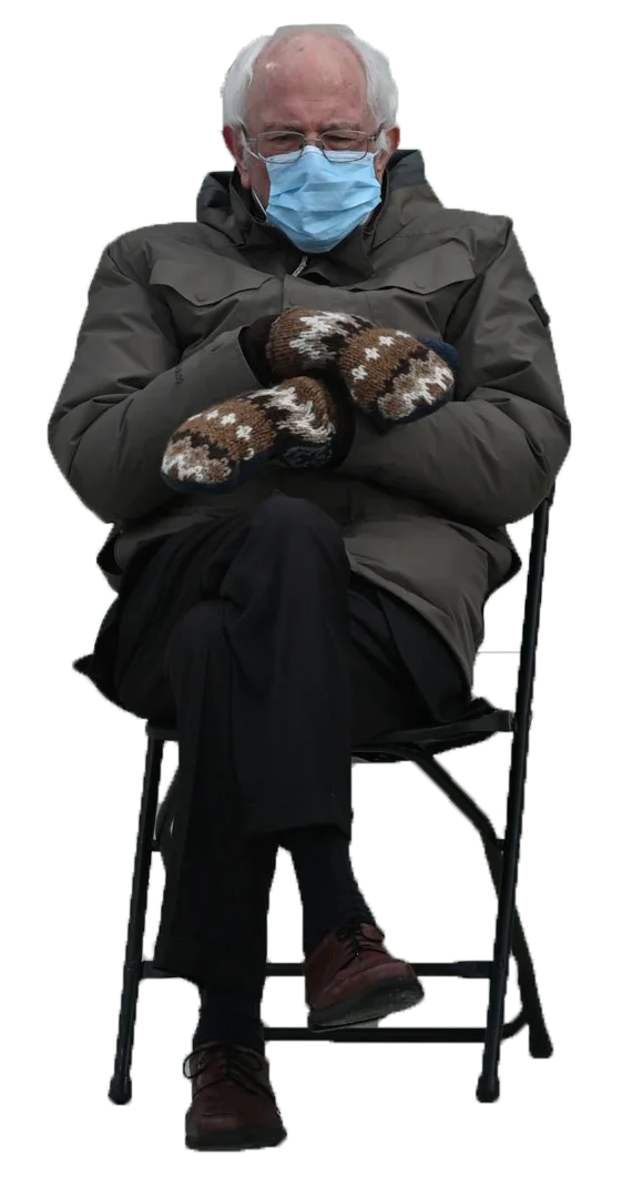 Bernie Sanders Mittens — Clean PNG cutout of Bernie seated in folding chair on transparent background.