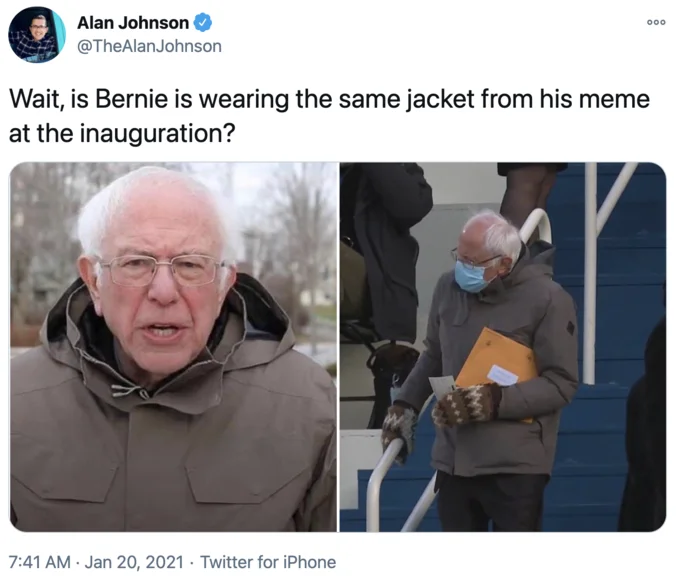 Bernie Sanders Mittens — Side-by-side comparison of Bernie in same olive parka from campaign to inauguration.
